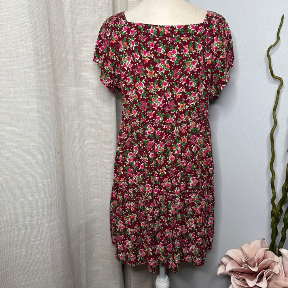 Natural Life Berkley Short Dress Mini Ditsy Floral Tiered Burgundy Womens XS/S